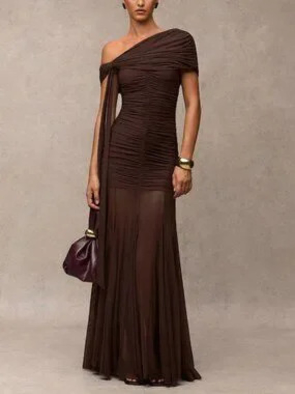 ZARA Coffee Brown Elegant Women's Asymmetric neckline maxi Dress